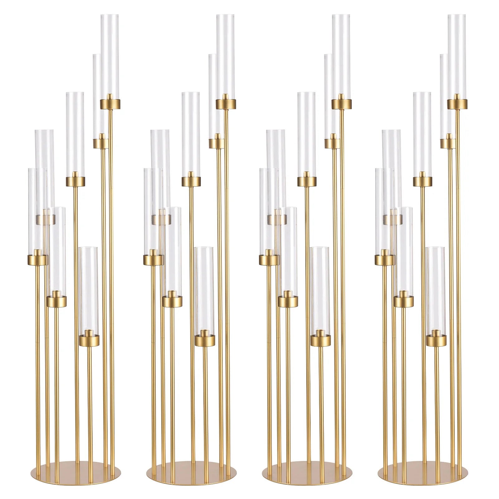 4Sets 7 Arms Floor Candelabra Wedding Centerpieces Gold 48" Tall Metal Candlestick Holders with Acrylic Removable Lampshade