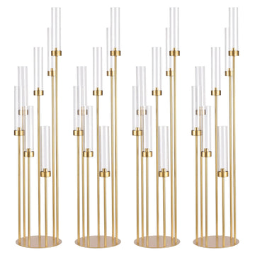 4Sets 7 Arms Floor Candelabra Wedding Centerpieces Gold 48" Tall Metal Candlestick Holders with Acrylic Removable Lampshade