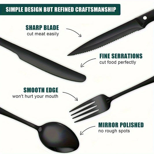36-Piece Black Silverware Set With Steak Knives, Black Flatware Set Food-Grade Stainless Steel Tableware Cutlery Set