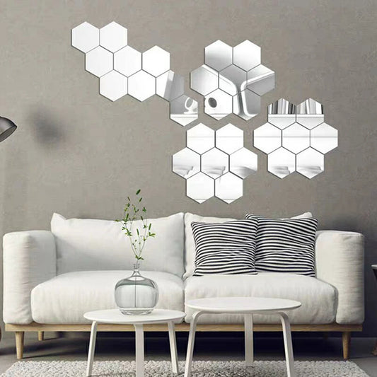 12Pcs Hexagon Mirror Geometric Hexagon Mirror Self Adhesive Acrylic Mirror Wall Sticker for Home Living Room Bedroom Decor