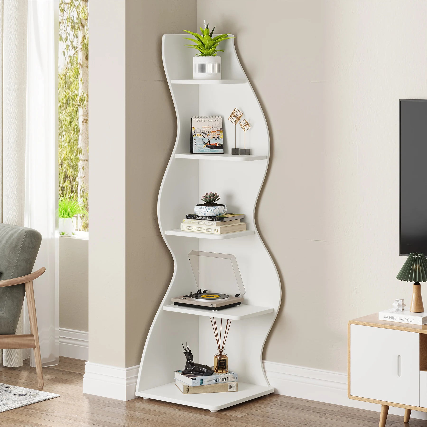 Tribesigns 5-Tier Corner Shelf, Modern Wall Corner Bookshelf, Stylish Corner Small Bookcase Storage Rack Plant Stand