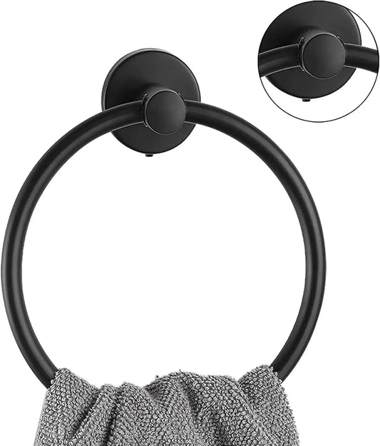 Wall Mounted Round Hand Towel Holder, Stainless Steel Matte Black Towel Ring, Bath Towel Holder Hangers for Bathroom