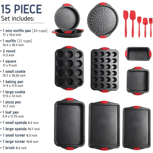 pans set-39pc silicone handles, durable steel bpa free bakeware, oven safe cookie sheets for baking nonstick set