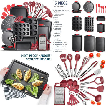 pans set-39pc silicone handles, durable steel bpa free bakeware, oven safe cookie sheets for baking nonstick set